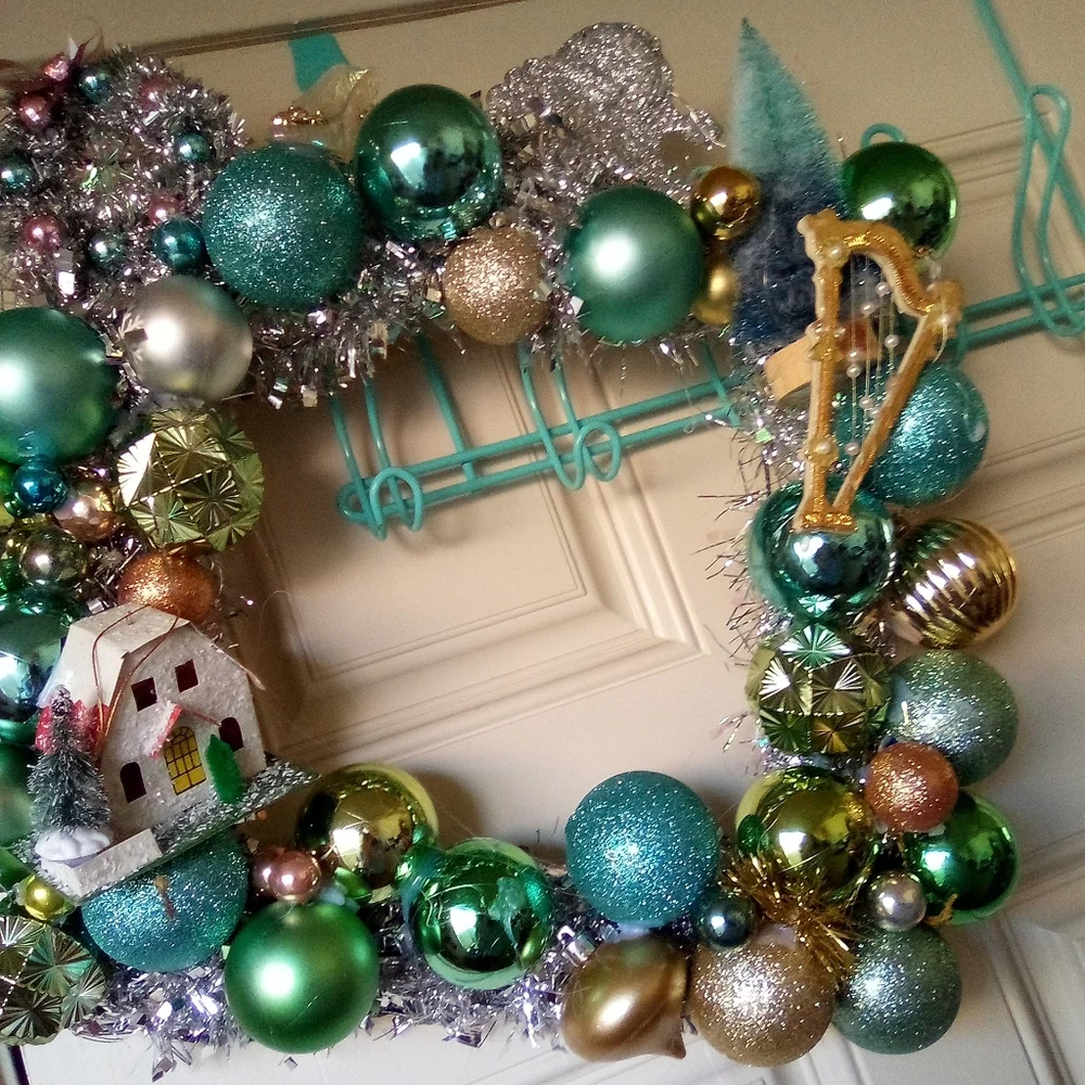 Shabby Blue Silver Gold Vintage Ornaments Holiday Wreath Handmade